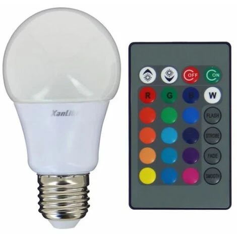 Xanlite - Ampoule LED A60, Culot E27, 5W Cons. (60W Eq.), Lumière Blanc Chaud Ou Lumière RVB Avec Télécommande - SERVBRW