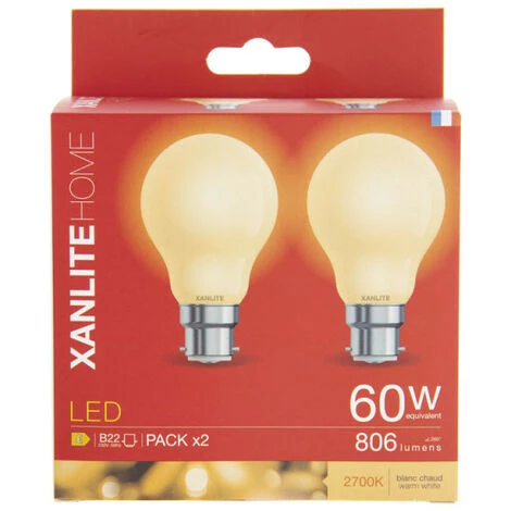 XANLITE - Lot De 2 Ampoules Filament LED A60 Opaque, Culot B22, 806 Lumens, équivalence 60 W, 2700 Kelvins, Blanc Chaud - PACK2RFB806GO – Image 5