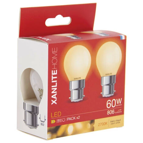 XANLITE - Lot De 2 Ampoules Filament LED P45 Opaque, Culot B22, 806 Lumens, Equivalence 60 W, 2700 Kelvins, Blanc Chaud - PACK2RFB806PO – Image 5
